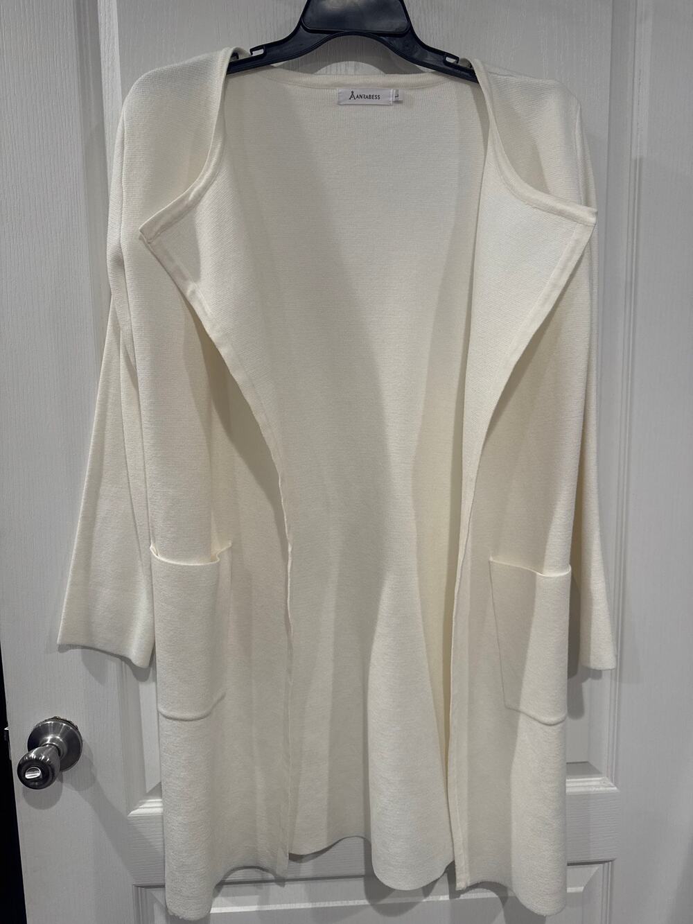 ANRABESS Ivory Longline Sweater Coat Coatigan Open Front Pockets Size L
